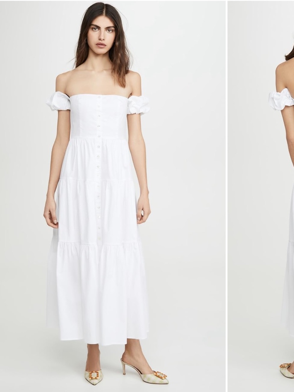 STAUD White Elio Off-the-Shoulder Tiered Button-Front Maxi Dress